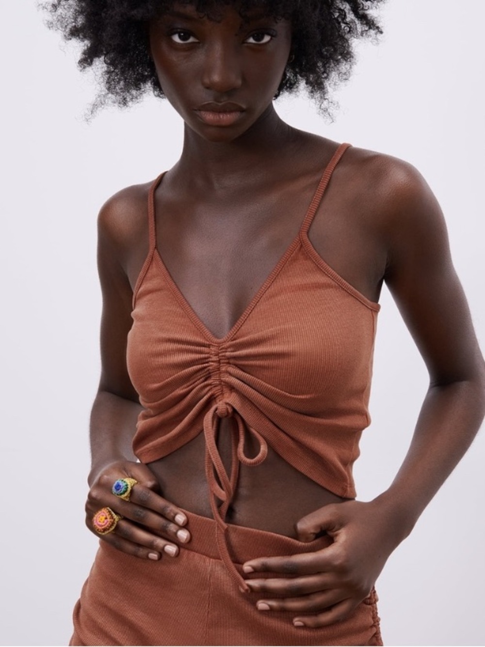 Zara Rust Ruched Ribbed Spaghetti Strap Crop Top - Picture 8 of 9